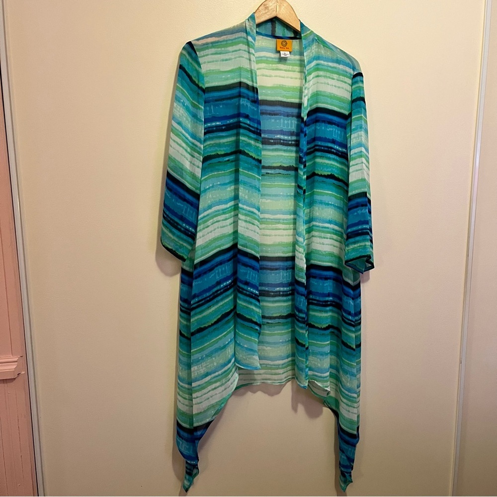 Ruby Rd Sheer Long Kimono Cardigan XL – Artsy Boho Ocean Stripes Resortwear